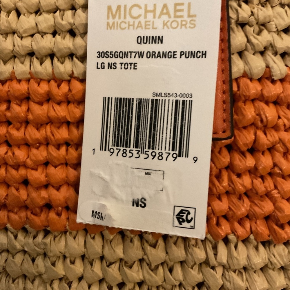 Michael Kors Quinn Straw Tote Orange Stripe Large Beach Travel  Bag Bold Coastal - Picture 10 of 10
